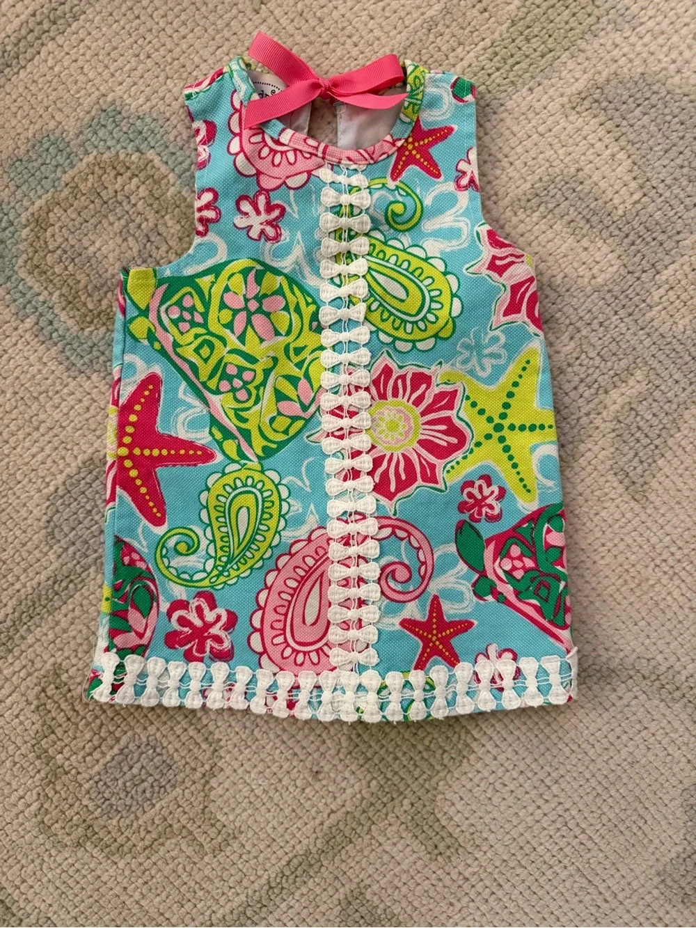 Baby Girl Mudpie Aqua Paisley & Starfish Sleeveless Dress with Pink Bow Tie Back